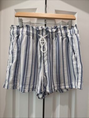 LOFT Blue and White Striped High-Waist Drawstring Shorts